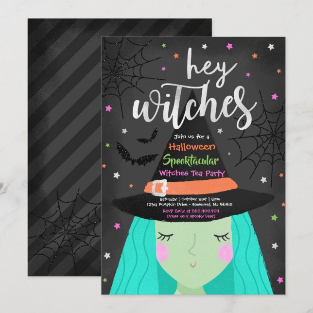 Halloween Cute Hej Witches Halloween Tea Party Inbjudningar (Fram/baksida)