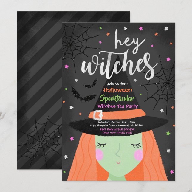 Halloween Cute Hej Witches Halloween Tea Party Inbjudningar (Fram/baksida)