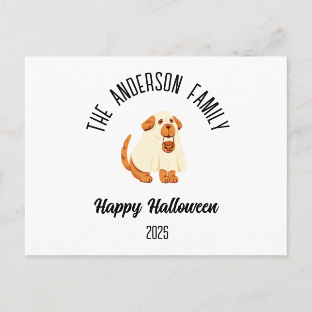 Halloween Cute Hund Ghost Costume Personlig Namn Helg Vykort (Framsida)