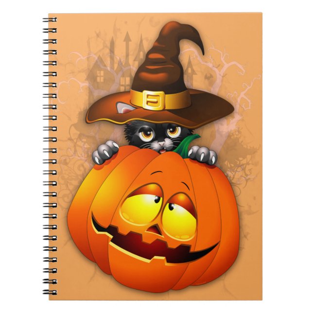 Halloween Cute Kattunge Witch och Pumpkin Friend Anteckningsbok (Framsidan)