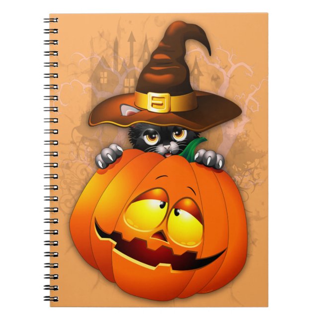 Halloween Cute Kattunge Witch och Pumpkin Friend Anteckningsbok (Framsidan)