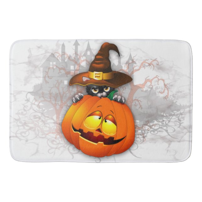 Halloween Cute Kattunge Witch och Pumpkin Friend Badrumsmatta (Framsidan)