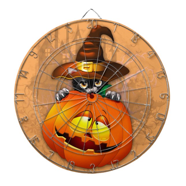 Halloween Cute Kattunge Witch och Pumpkin Friend Darttavla (Framsidan)