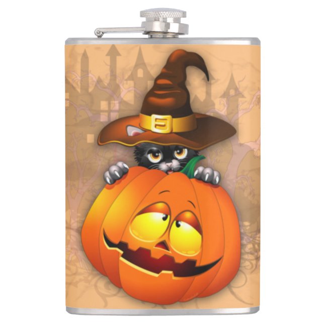 Halloween Cute Kattunge Witch och Pumpkin Friend Fickplunta (Framsidan)