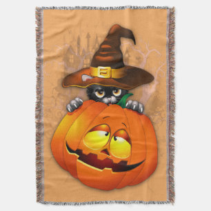 Halloween Cute Kattunge Witch och Pumpkin Friend Filt