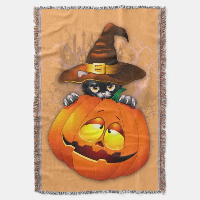 Halloween Cute Kattunge Witch och Pumpkin Friend Filt (Framsidan Vertikal)
