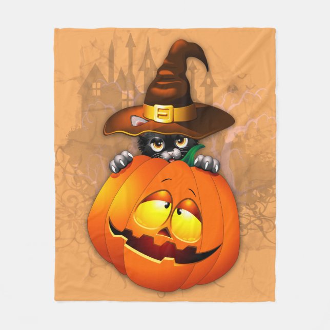 Halloween Cute Kattunge Witch och Pumpkin Friend Fleecefilt (Framsidan)