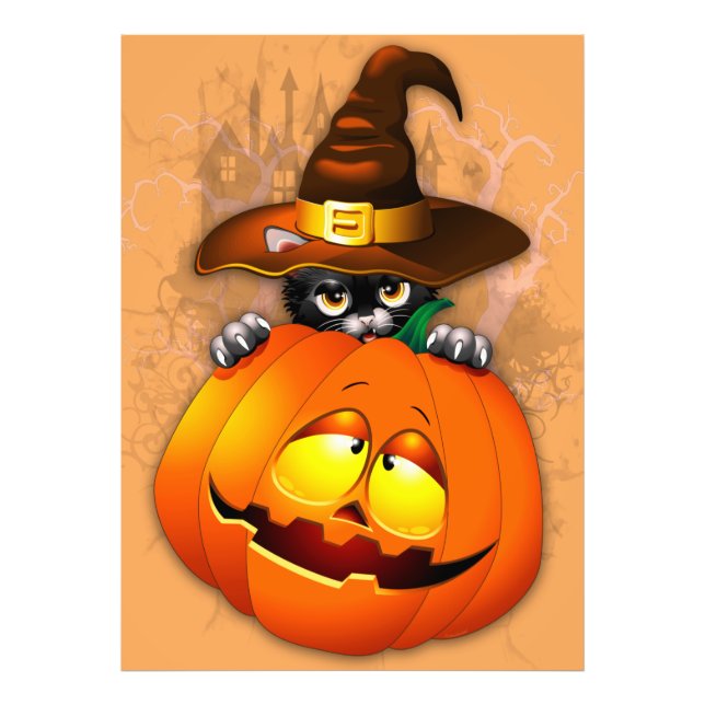 Halloween Cute Kattunge Witch och Pumpkin Friend Fototryck (Framsidan)