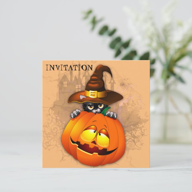 Halloween Cute Kattunge Witch och Pumpkin Friend Inbjudningar (Stående Fram)