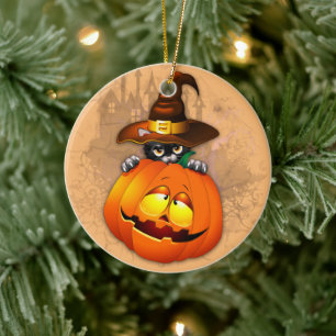 Halloween Cute Kattunge Witch och Pumpkin Friend Julgransprydnad Keramik