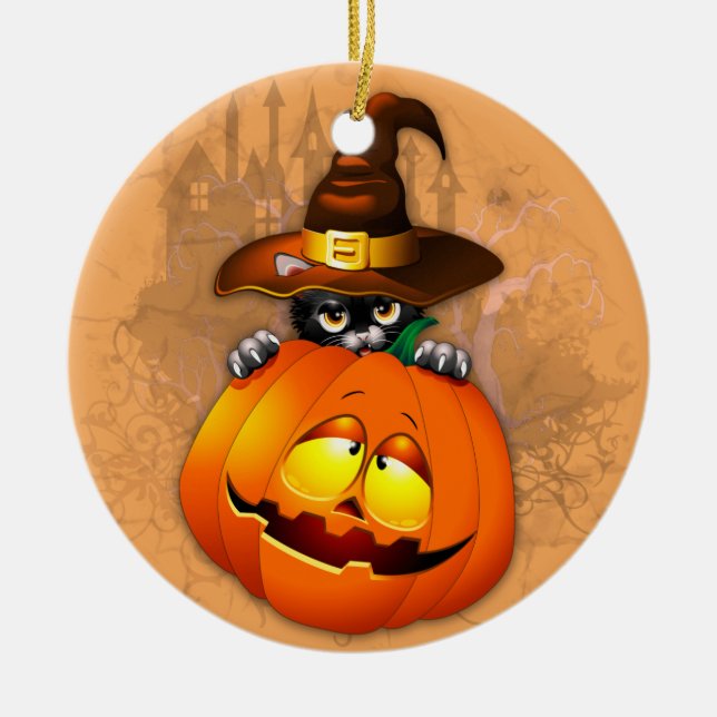 Halloween Cute Kattunge Witch och Pumpkin Friend Julgransprydnad Keramik (Framsidan)