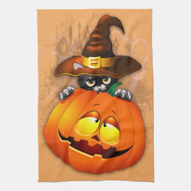 Halloween Cute Kattunge Witch och Pumpkin Friend Kökshandduk (Vertikal)