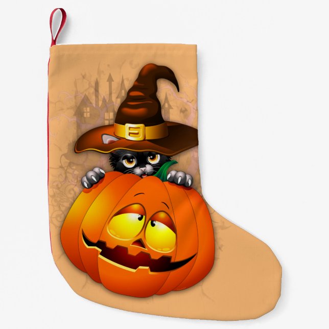 Halloween Cute Kattunge Witch och Pumpkin Friend Liten Julstrumpa (Framsidan)