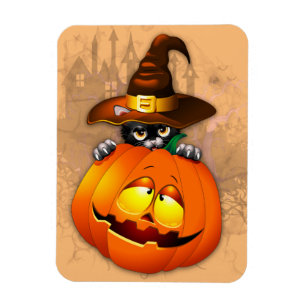 Halloween Cute Kattunge Witch och Pumpkin Friend Magnet
