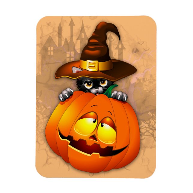 Halloween Cute Kattunge Witch och Pumpkin Friend Magnet (Vertikal)