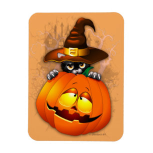 Halloween Cute Kattunge Witch och Pumpkin Friend Magnet