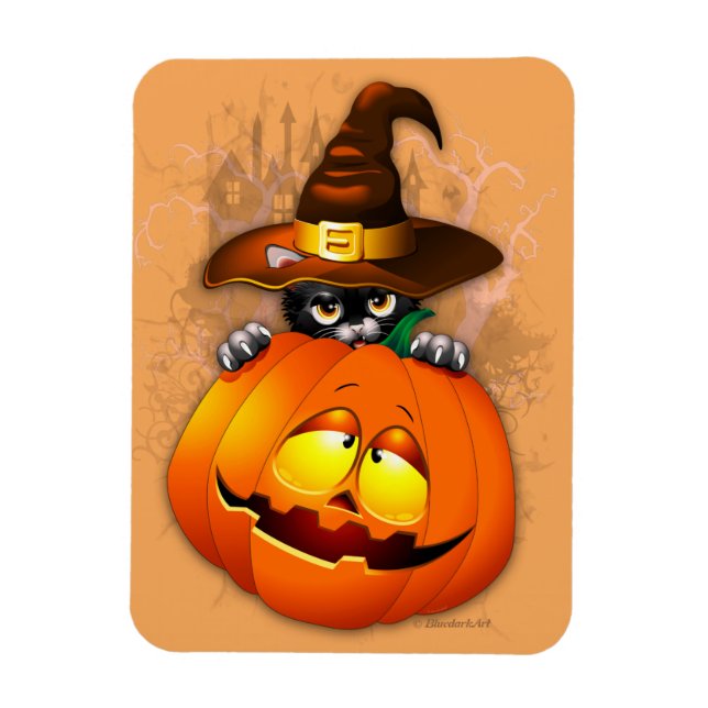 Halloween Cute Kattunge Witch och Pumpkin Friend Magnet (Vertikal)