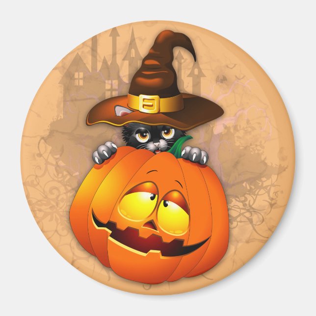 Halloween Cute Kattunge Witch och Pumpkin Friend Magnet (Framsidan)