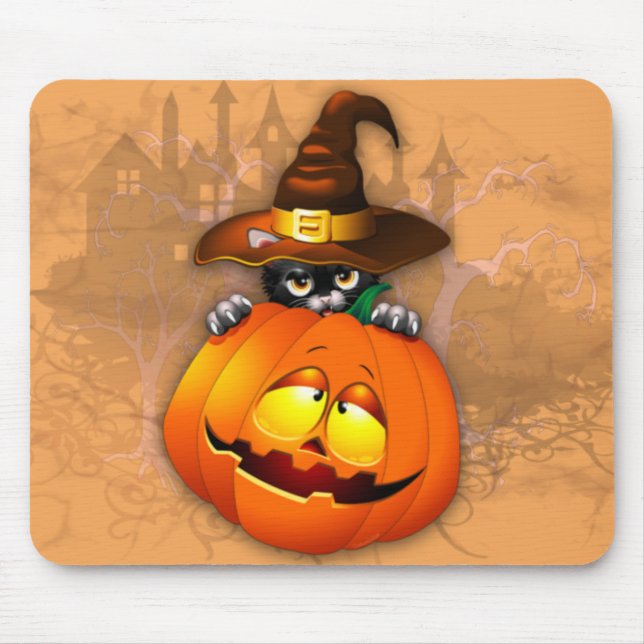 Halloween Cute Kattunge Witch och Pumpkin Friend Musmatta (Framsidan)