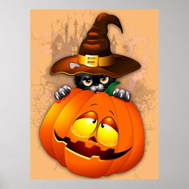Halloween Cute Kattunge Witch och Pumpkin Friend Poster (Framsidan)