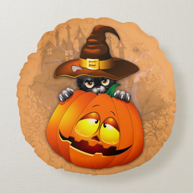 Halloween Cute Kattunge Witch och Pumpkin Friend Rund Kudde (Framsidan)