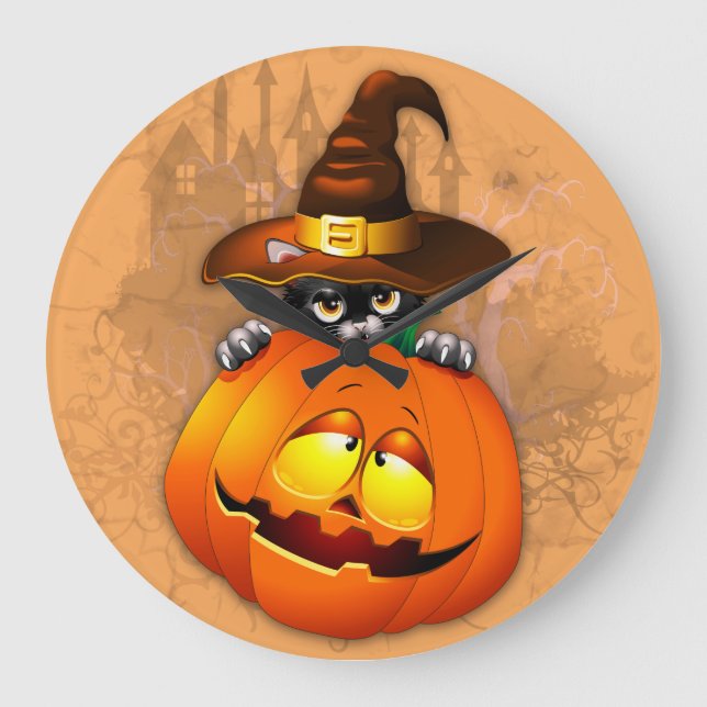 Halloween Cute Kattunge Witch och Pumpkin Friend Stor Klocka (Framsida)