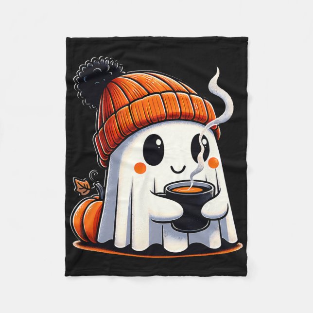 Halloween Cute Kawaii Ghost Drinking Coffee Women Fleecefilt (Framsidan)