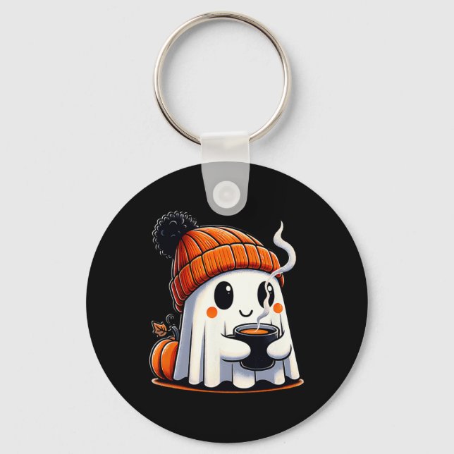Halloween Cute Kawaii Ghost Drinking Coffee Women Nyckelring (Framsida)