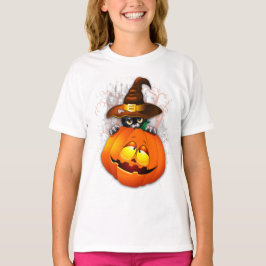 Halloween Cute Kitty Witch and Pumpkin Friend  T Shirt