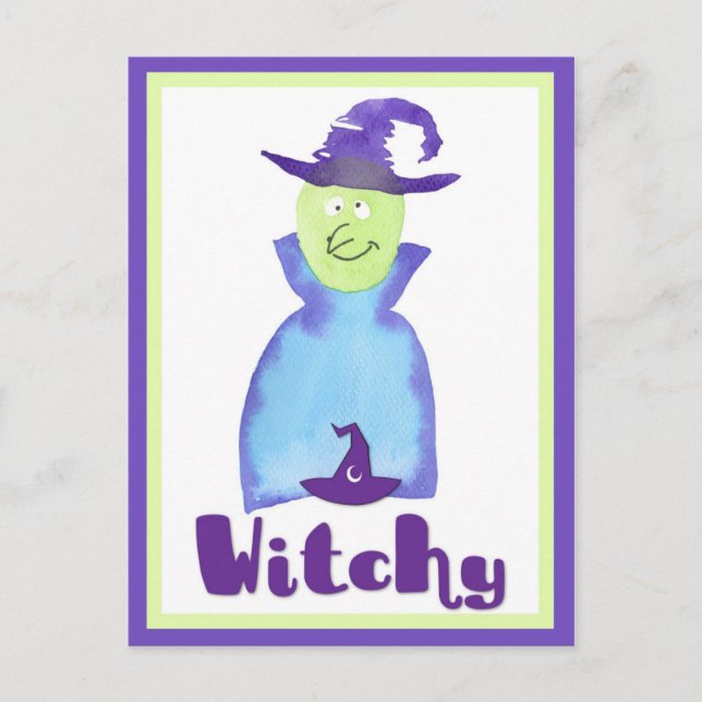 Halloween Cute Lila Watercolor Witch Vykort (Framsida)