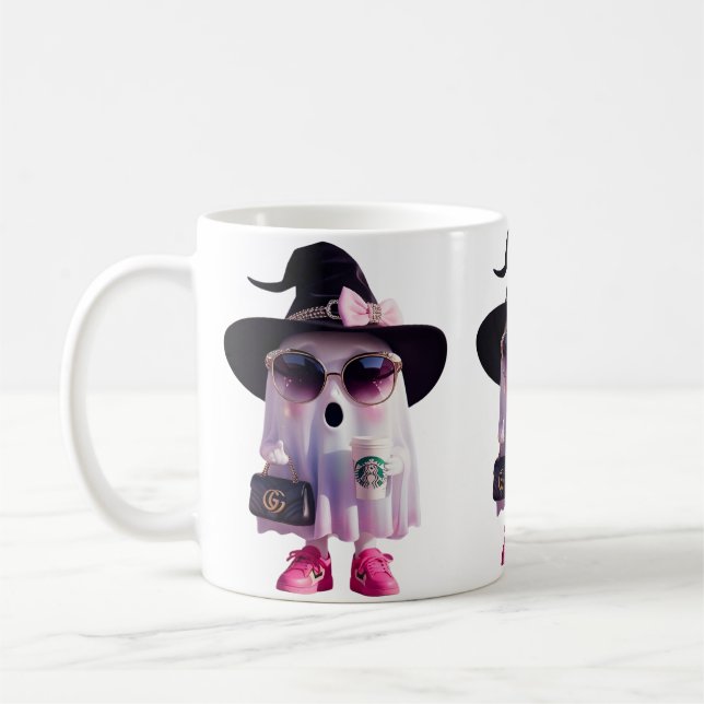 Halloween Cute Little Dam Ghost med kaffe Kaffemugg (Vänster)