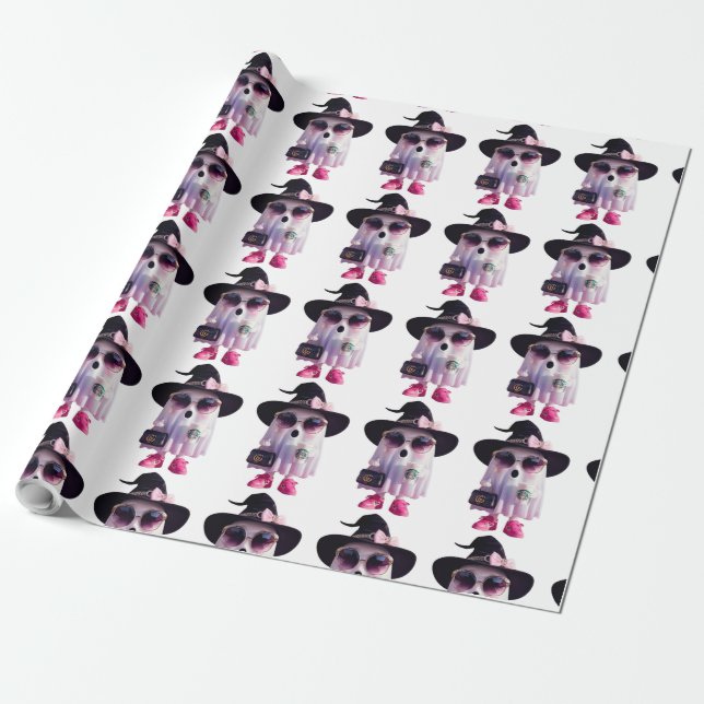 Halloween Cute Little Dam Ghost med kaffe Presentpapper (Utrullad)