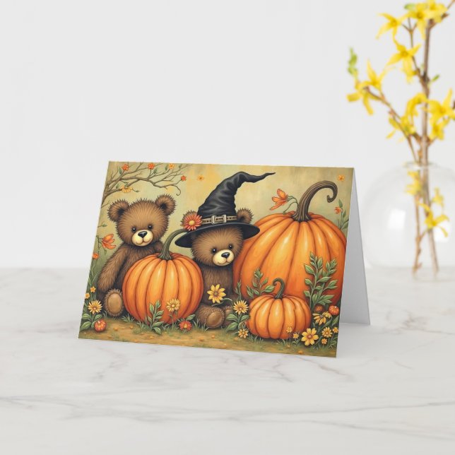 Halloween Cute Nalle Folk Art Stil Puimpkin Kort (Gul blomma)