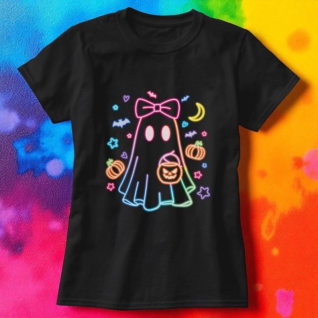 Halloween Cute Neon Ghost Black T Shirt (Skapare uppladdad)