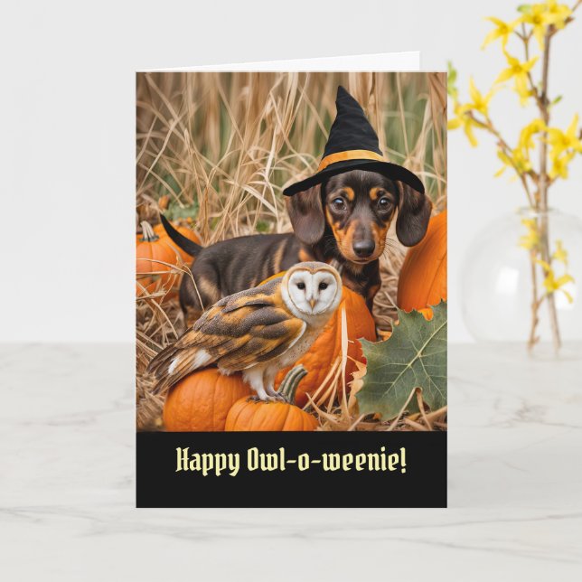 Halloween Cute och Funny Uggla och Dachshund Puppy Kort (Gul blomma)