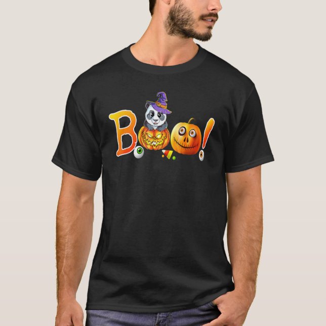 Halloween Cute Panda Boo Pumpkin Witch Hat Candy T Shirt (Framsida)