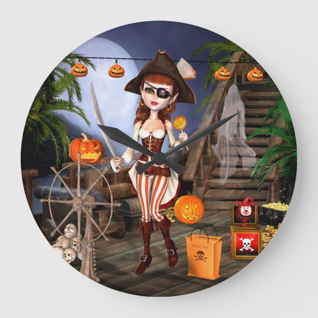 Halloween Cute Pirat Girl Wall Clock Stor Klocka (Framsida)
