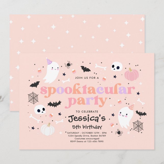 Halloween Cute Rosa Ghost Birthday Spooktacular Inbjudningar (Fram/baksida)