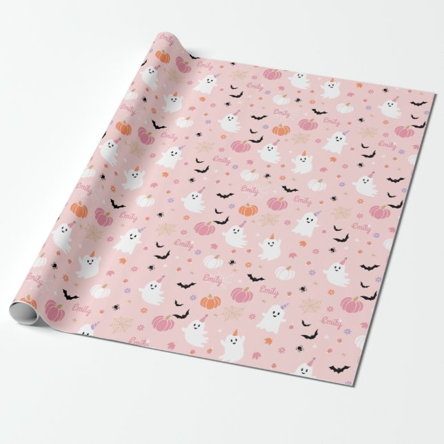 Halloween Cute Rosa Ghost med Personlig Namn Presentpapper (Utrullad)