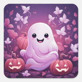 Halloween Cute Rosa Ghost och Orange Pumpkins Fyrkantigt Klistermärke