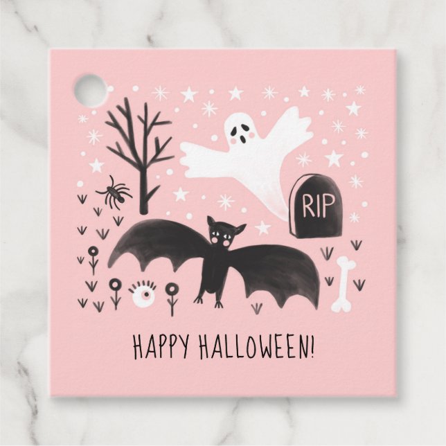 Halloween Cute Spöken Fladdermus Black Rosa Illust Gåvor Etiketter (Framsida)