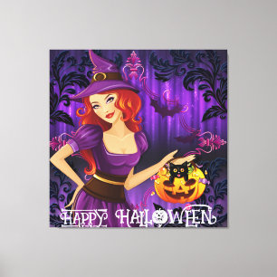 Halloween Cute Spooky Whimsical Witch Lila Canvastryck