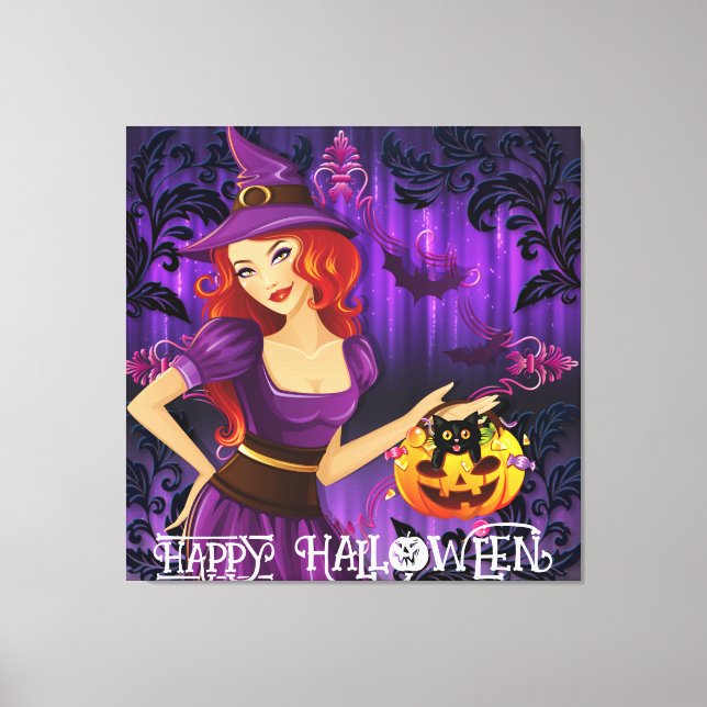Halloween Cute Spooky Whimsical Witch Lila Canvastryck (Framsida)