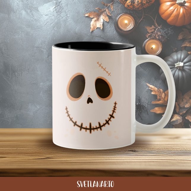 Halloween Cute Stitched Skull Skeleton Coffee Mug Två-Tonad Mugg (Frontal view)