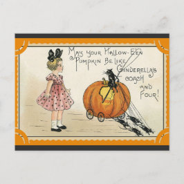 Halloween Cute Vintage Pumpkin Black Cat Girl Vykort