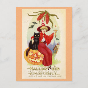 Halloween Cute Vintage Witch Black Cat Kärlek Dikt Vykort