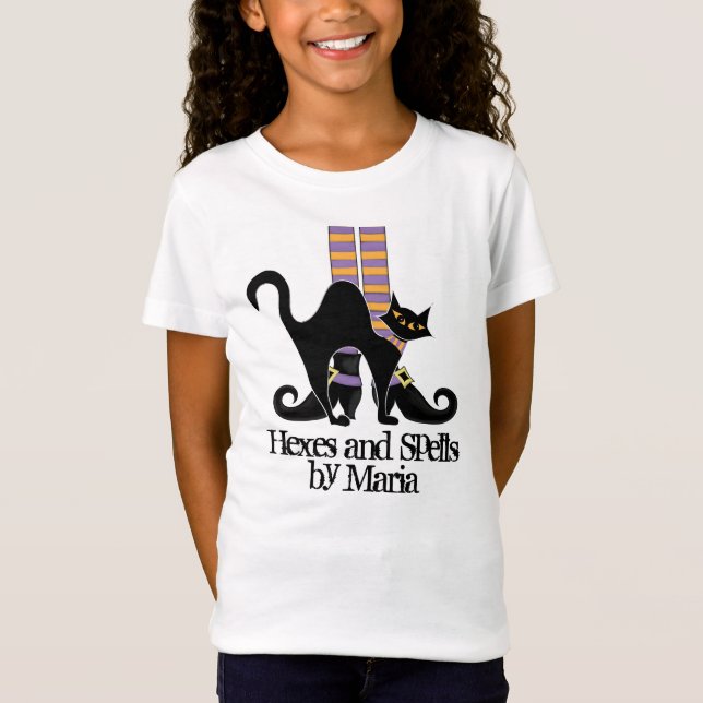 Halloween Cute Whimsical Black Cat Witch Shoes T Shirt (Framsida)