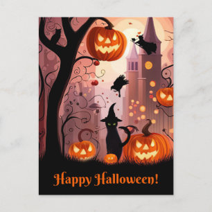 Halloween Cute Whimsical Cat Witch Pumpkins Helg Vykort