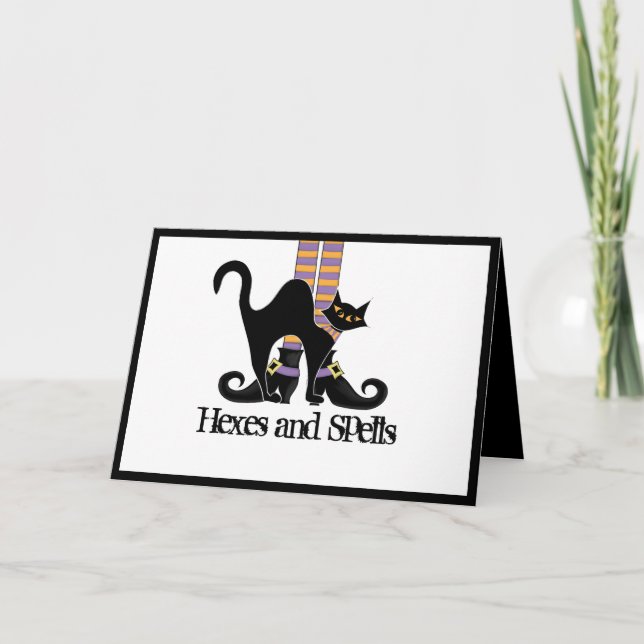 Halloween Cute Whimsical Witch Shoes Black Cat Kort (Framsida)