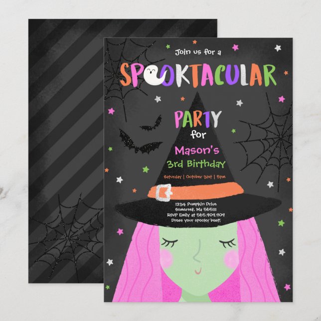 Halloween Cute Witch Födelsedagsfest Spooktacular Inbjudningar (Fram/baksida)